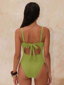 SHEIN Swim 女款夏季海灘純色螺紋面料粗肩帶深V領胸下抓皺後綁帶塑身收腹彈性舒適休閒度假一件式泳衣 - 綠色 - 查看 2
