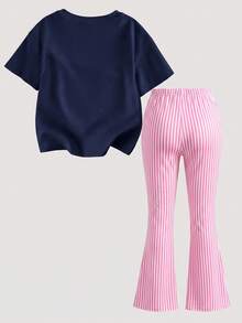 Mom And Me, Vintage Vacation Style Lobster Outfit, Seafood Theme, Navy Blue & Pink White Color Block, Lobster Design, Beach Fun Summer Dream, Young Girl Casual Minimalist Cartoon Pattern Round Neck Short Sleeve Top & Flare Pants 2PCS Set, Suitable For Summer - Multicolor - View 8