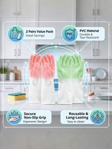8Pcs/4Pcs Waterproof Dishwashing Gloves – Reusable, Non-Slip, Comfortable; Suitable For Kitchen And Bathroom Cleaning; Latex Material; Ambidextrous; Hand-Washable; Green & Beige Design; Kitchen Essential | Modern Kitchen Gloves | Latex Gloves - Multicolor - View 6