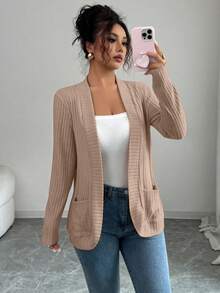 SHEIN PETITE 女款休閒羅紋刷毛開襟側口袋短版輕量夾克開襟衫，杏色秋季薄款針織開襟衫，適合任何場合，小碼女款 - 卡其色 - 查看 1