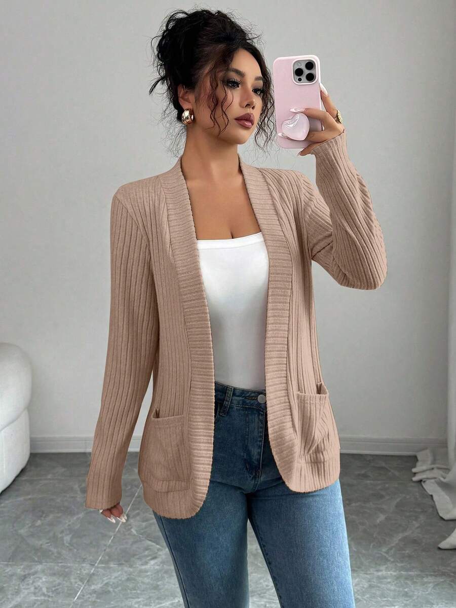 SHEIN PETITE 女款休閒羅紋刷毛開襟側口袋短版輕量夾克開襟衫,杏色秋季薄款針織開襟衫,適合任何場合,小碼女款 - 卡其色 - 查看 1