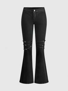 ACID BLVD Spring Autumn Winter Millennium Rock Y2K Buckle Decor Slim Straight Micro Flare Coated Denim Jeans - Black - View 1