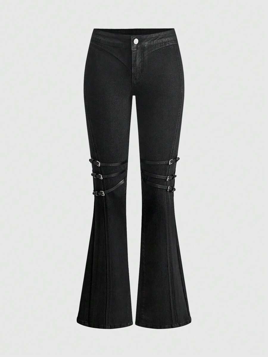 ACID BLVD Spring Autumn Winter Millennium Rock Y2K Buckle Decor Slim Straight Micro Flare Coated Denim Jeans - Black - View 1