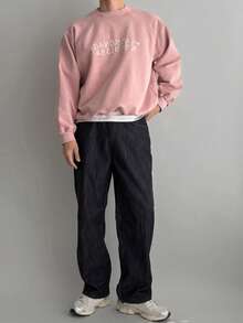 DAZY Spring/Autumn Pink Loose Short Crew Neck Sweatshirt With Ribbed Hem And Cuffs, Letter Embroidery Pullover Sweatshirt For Men - Pink - View 3