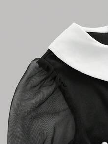 SHEIN 女童休閒極簡舒適翻領花瓣袖拼接撞色洋裝 - 彩色 - 查看 3