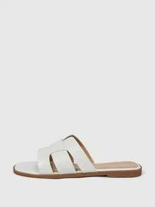 Sleekvia Sandal Kepang Berbentuk H Warna Putih dengan Ujung Persegi dan Sol Datar, Sandal Selop Gaya Retro untuk Wanita - Putih - View 7