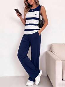 EMERY ROSE Conjunto de top sin mangas de cuello redondo con estampado a rayas y pantalones de chándal para mujeres de mediana edad y mayores - Multicolor - Ver 7
