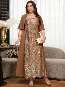 SHEIN Clasi 大尺碼女款刺繡方領短袖優雅1920年代休閒正式禮服婚禮金色夏季 - 杏色 - 查看 9
