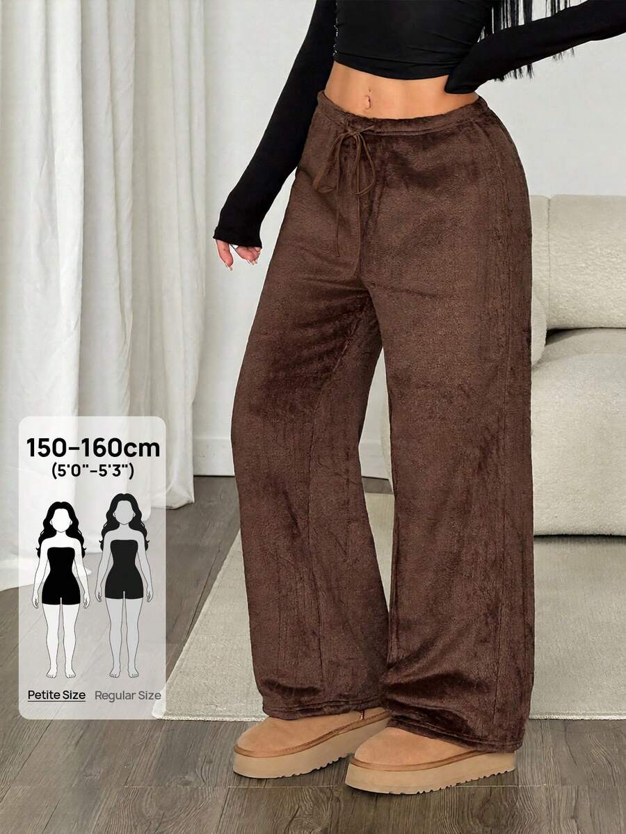 SHEIN PETITE 女款純色抽繩寬鬆休閒百搭寬腿長褲 - 棕色 - 查看 1