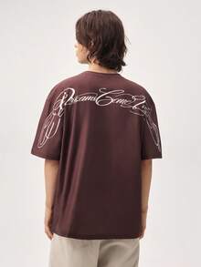 Vaulklash Men's Casual Letter Print Loose Cropped T-Shirt, Summer - Burgundy - View 3