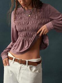 Bohemela Women's Solid Color Round Neck Long Sleeve Ruched Casual T-Shirt - Purple - View 5