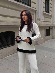 Mulvari Women's Minimalist Round Neck Autumn/Winter Sweater 2 Pieces Set Fall/Winter Casual Sets For Women Sweater White - Black and White - View 5