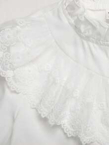 SHEIN 女童開學季荷葉領蕾絲飾邊長袖白色襯衫 - 白色 - 查看 3