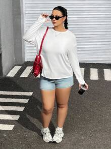 SHEIN EZwear 大码休闲纯色长袖 T 恤，春季和秋季 - 白色 - 查看 3