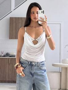 Aloruh Women's Lace Patchwork Pleated Casual Versatile Daily Wear Camisole Camisole - White - View 7