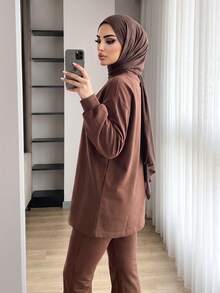 Solavon Women's Casual Modest Filipiniana Brown Crew-Neck Sweatshirt And Pants Set Formal Home Wear Office Winter - Coffee Brown - View 4