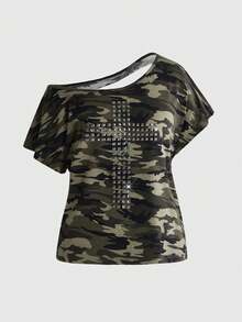 ROMWE Grunge Punk Y2K 龐克十字鉚釘設計後背燒花鏤空寬鬆版型純色百搭 T-shirt - 軍綠色 - 查看 5