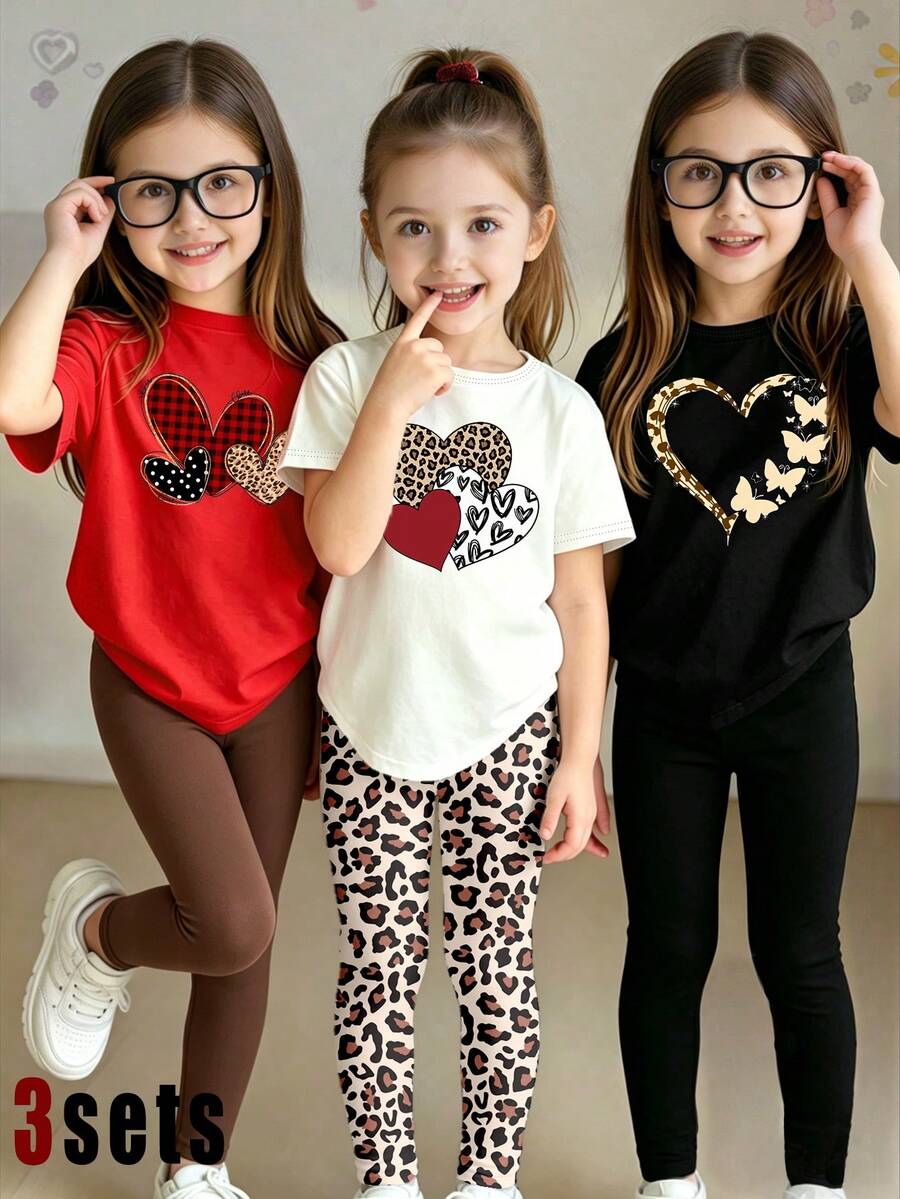 SHEIN Elladie kids 6件組春夏女童休閒時尚創意個性清新可愛格紋豹紋愛心蝴蝶圖案印花短袖T恤與內搭褲套裝,休閒度假風基本款,舒適日常穿著,適合春夏秋季女孩氛圍穿搭套裝 - 彩色 - 查看 1