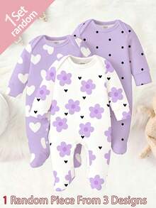 SHEIN 【随机3套，送1套】可爱爱心印花、艺术花卉印花、紫色波点印花，新生儿连体衣，舒适便捷，春夏柔软休闲睡衣套装，让宝宝看起来可爱活泼，面料柔软舒适。 - 彩色 - 查看 6