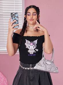 HELLO KITTY AND FRIENDS | SHEIN Sweet & Cool Y2K Off-Shoulder Lettuce Trim Bodycon Stretchy Black Plus Size Kuromi Print Top - Black - View 1