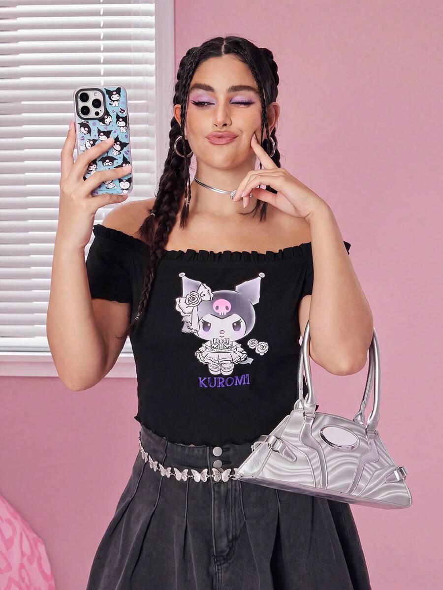 HELLO KITTY AND FRIENDS | SHEIN Sweet & Cool Y2K Off-Shoulder Lettuce Trim Bodycon Stretchy Black Plus Size Kuromi Print Top - Black - View 1