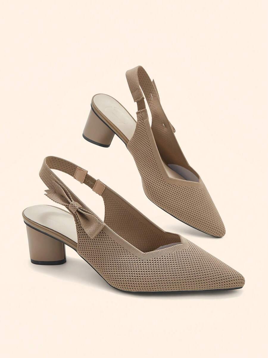 CUCCOO BASICS Ladies' Pointed, Thick Heel, Breathable Mesh, Bow Tie, Back Strap Shoes, Commuting Style, Versatile For Daily Dates, Single Shoe - Khaki - View 1