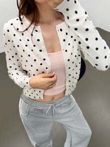K-Vae Women's Polka Dot Casual Frenchy Elegant French Vintage Cute Versatile Daily Wear Office Brunch School Cardigan Date Holiday White And Black Autumn - Beige - View 3