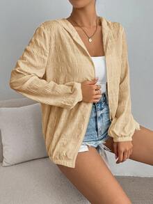Dayvera 女款素色長袖拉鍊休閒連帽外套 - 卡其色 - 查看 7