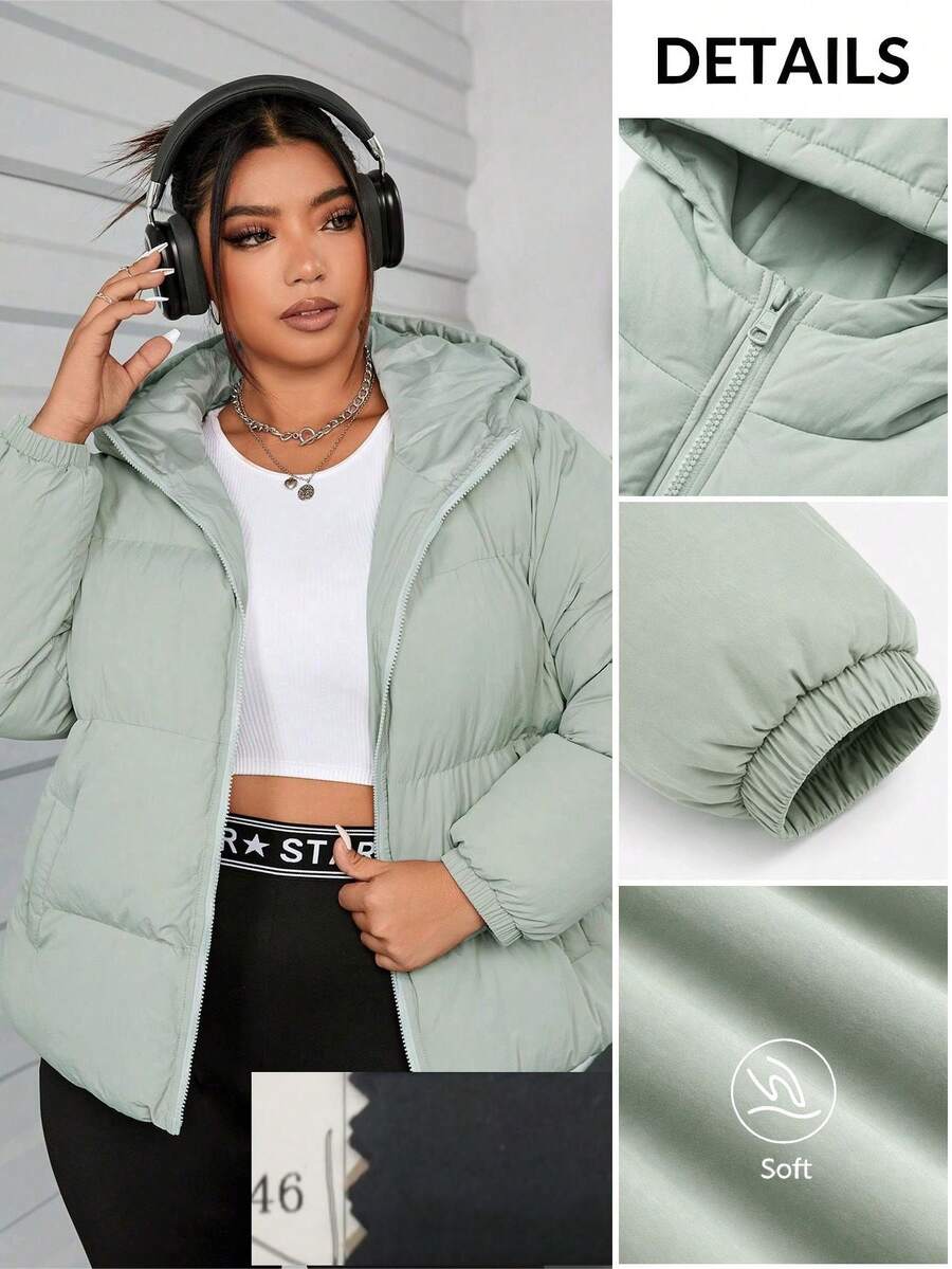 SHEIN EZwear 女士纯色连帽加大码羽绒服 - 黑色 - 查看 1