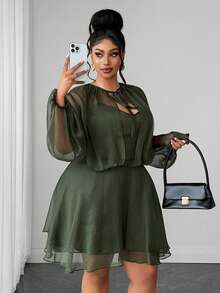 Maweii Plus Size Women's Solid Color Casual Party & Travel Dress Fall - Army Green - View 1