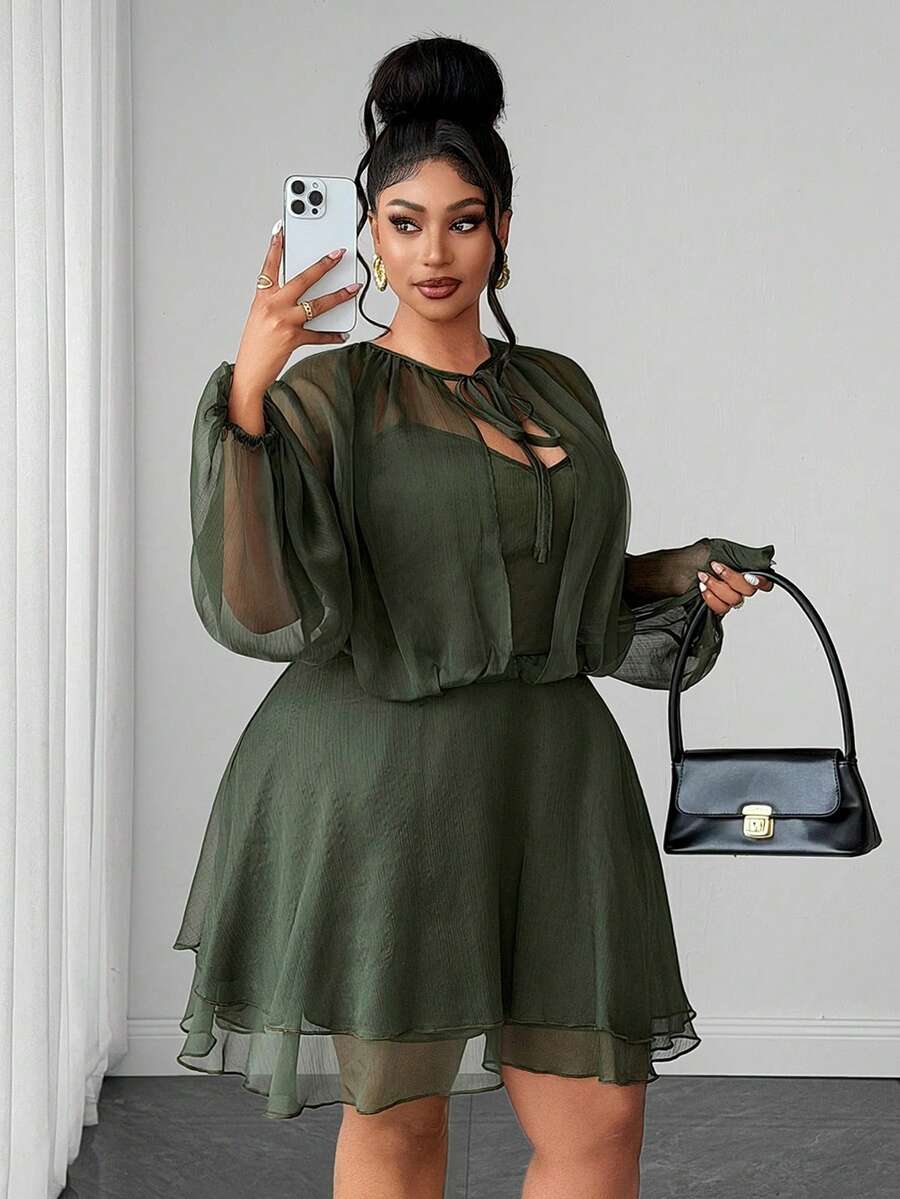 Maweii Plus Size Women's Solid Color Casual Party & Travel Dress Fall - Army Green - View 1