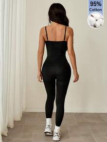 SHEIN PETITE Tuta aderente casual da donna con spalline sottili, tinta unita - nero - Visualizzare 2