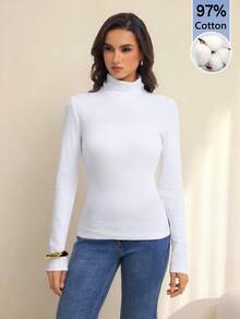 SHEIN Tall Simple Solid Color Slim High Collar White Top, Cotton-Blend Ribbed Texture, High Elasticity, Suitable For Autumn And Winter, Daily Wear - Multicolor - View 8