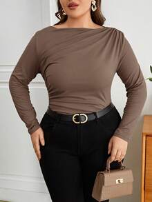 SHEIN Privé Plus Size Women Solid Color Ruched Fitted Versatile Casual T-Shirt - Khaki - View 1