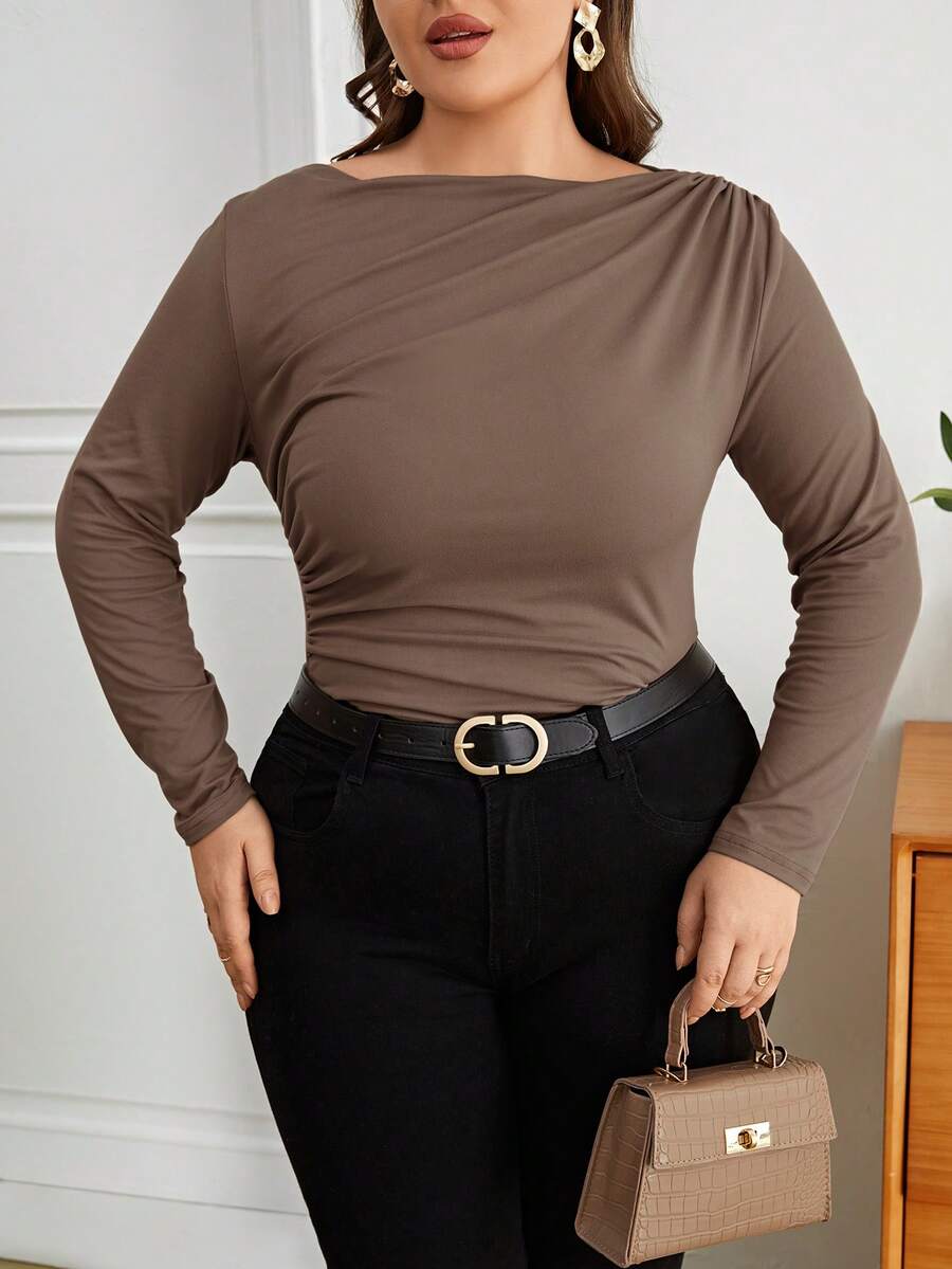 SHEIN Privé Plus Size Women Solid Color Ruched Fitted Versatile Casual T-Shirt - Khaki - View 1