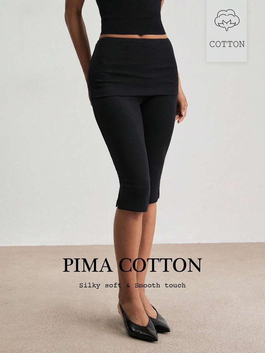 ATUI Studio Celana Capri Lipat Wanita, Katun Pima Premium, Belahan Samping di Bagian Bawah, Gaya Minimalis Esensial untuk Musim Gugur dan Musim Dingin - Hitam - View 1