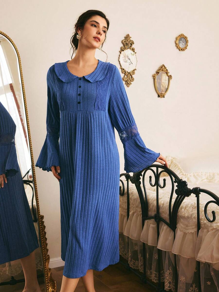 Côtesoire French Elegant Romantic Peter Pan Collar Button Decor Flared Sleeve Lace Patchwork Ribbed Long Solid Color Women's Nightgown - Navy Blue - View 1