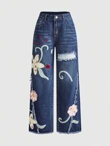 ROMWE Fairycore Vintage Floral Embroidered Ultra Low Waist Retro Washed Straight Leg Jeans For Women - Blue - View 1