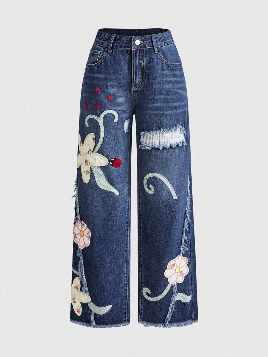 ROMWE Fairycore Vintage Floral Embroidered Ultra Low Waist Retro Washed Straight Leg Jeans For Women - Blue - View 1