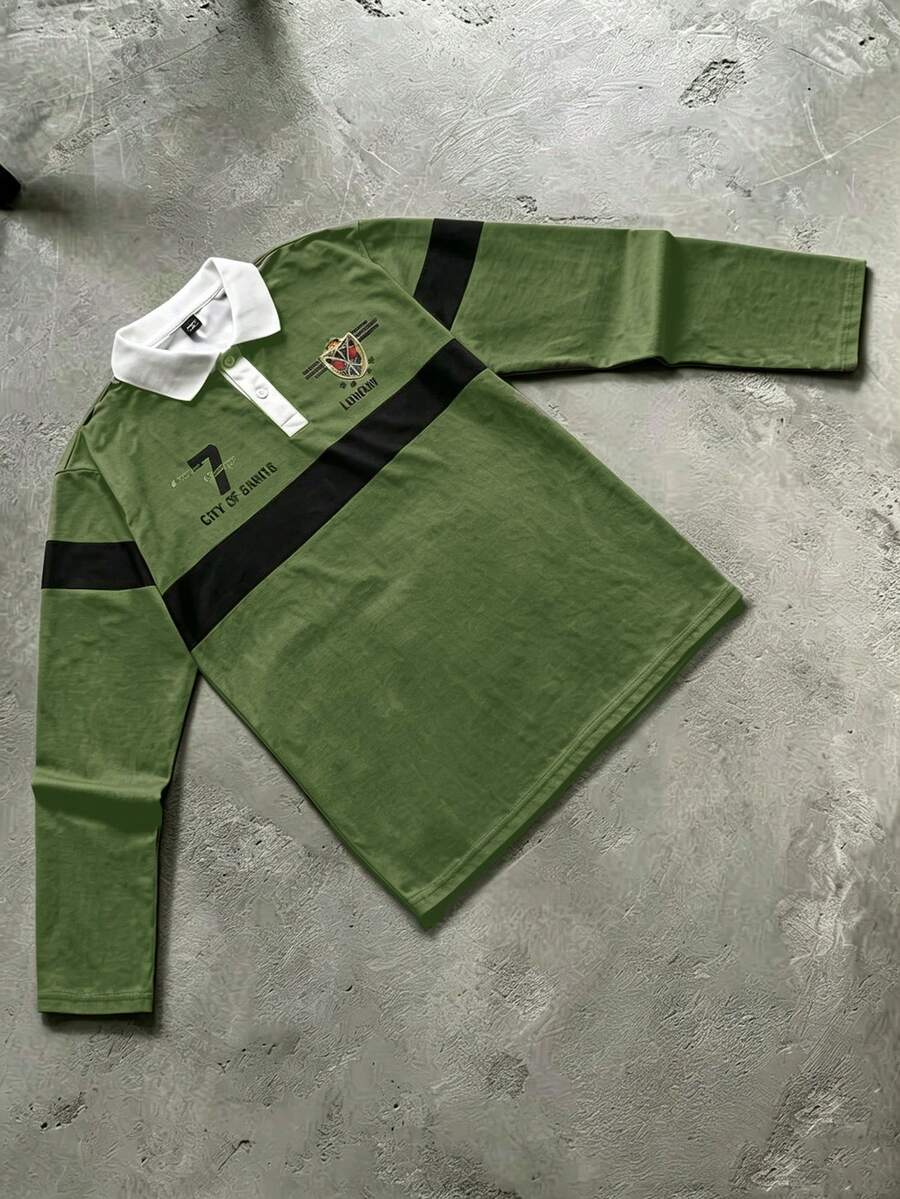STYNVO 男士字母印花長袖休閒通勤 Polo 衫 - 軍綠色 - 查看 1
