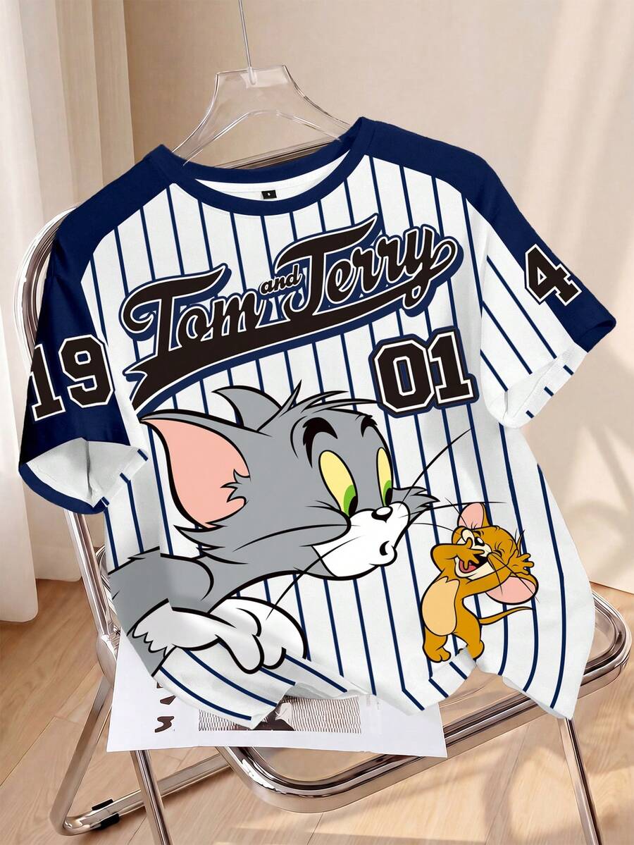 TOM & JERRY X SHEIN 女款夏季休閒條紋卡通印花T恤 - 白色 - 查看 1