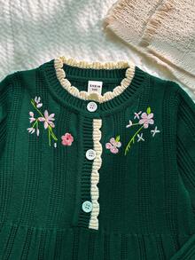 SHEIN 幼兒女童深綠色長袖麻花編織花卉針織毛衣洋裝，秋冬款，開學季，舒適柔軟，節慶聖誕穿搭 - 墨綠色 - 查看 4