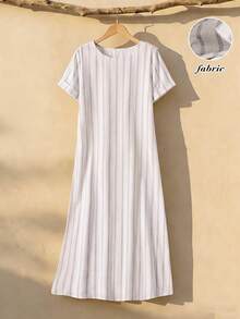 Rusticease Women's Round Neck Striped Casual Daily Summer Dress - White - View 3