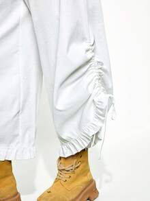 Gowayae Gowayae Women's New Fashion Solid Color Ruffle Side Drawstring White Loose Long Pants Autumn Fashion Streetwear Casual Millennium Soft Girl Gen Z Sportswear - White - View 4