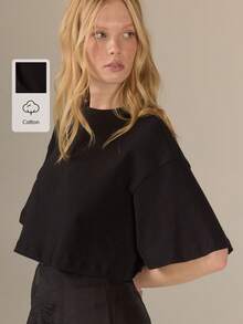 KÆRIA Hus Cropped High Neck Cape Sleeve Tee - 100 Cotton Jersey - Black - Modern, Clean Lines, Easy Styling, Everyday Daytime, Autumn, Minimalist, Basic - Black - View 1