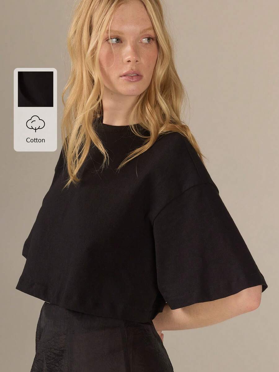 KÆRIA Hus Cropped High Neck Cape Sleeve Tee - 100 Cotton Jersey - Black - Modern, Clean Lines, Easy Styling, Everyday Daytime, Autumn, Minimalist, Basic - Black - View 1