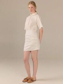 KÆRIA Hus Side Ruched Mini Shirt Dress - Cotton Comfort Stretch - Off-White - Office Brunch, Casual French Minimalist, Everyday Summer - White - View 5