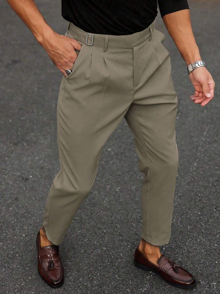 Manfinity Mode Men's Solid Color Pleated Straight Leg Casual Commute Dress Pants - Mocha Brown - View 1
