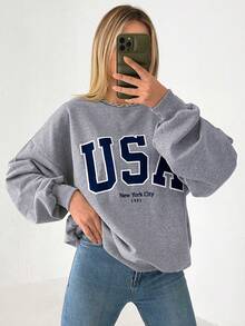 EURMUSE Cotton Letter Graphic Drop Shoulder Sweatshirt - Light Grey - View 3