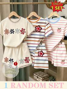 Souflis Souflis (1 Set Acak) Set Kaos Pendek dan Celana Pendek Anak Perempuan Motif Kontras Bordir Bunga Warna-warni Segar Beige Pink Biru - MultiWarna - View 1